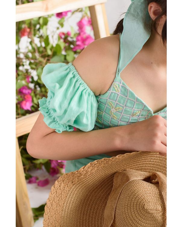 Sea green embroidered elasticated crop top with skirt - set of two 3