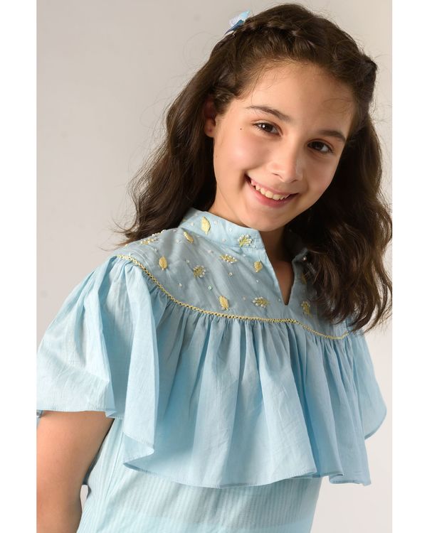 Blue and yellow strips embroidered cotton midi dress 2