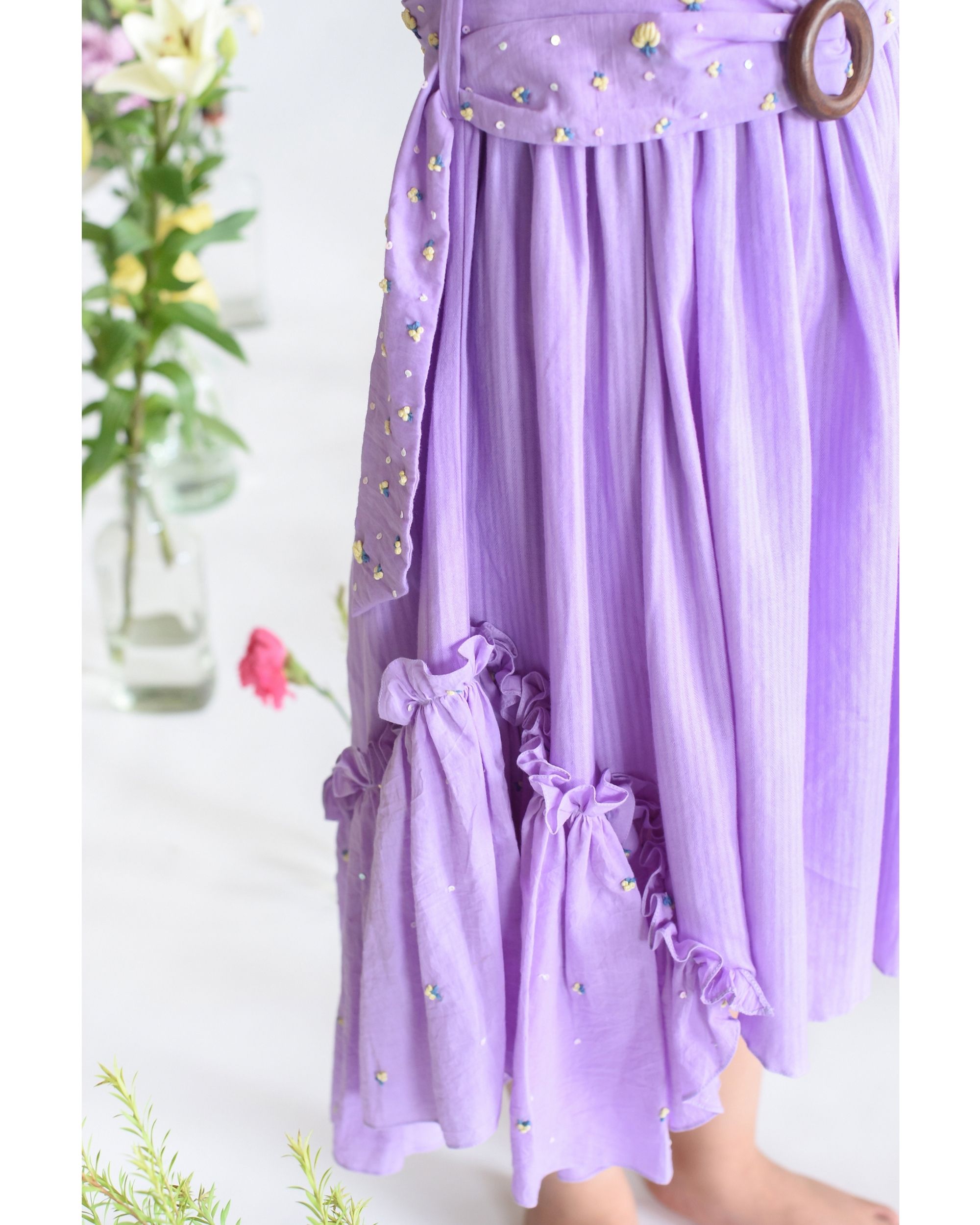 Lavender embroidered gather dress by Littleens | The Secret Label