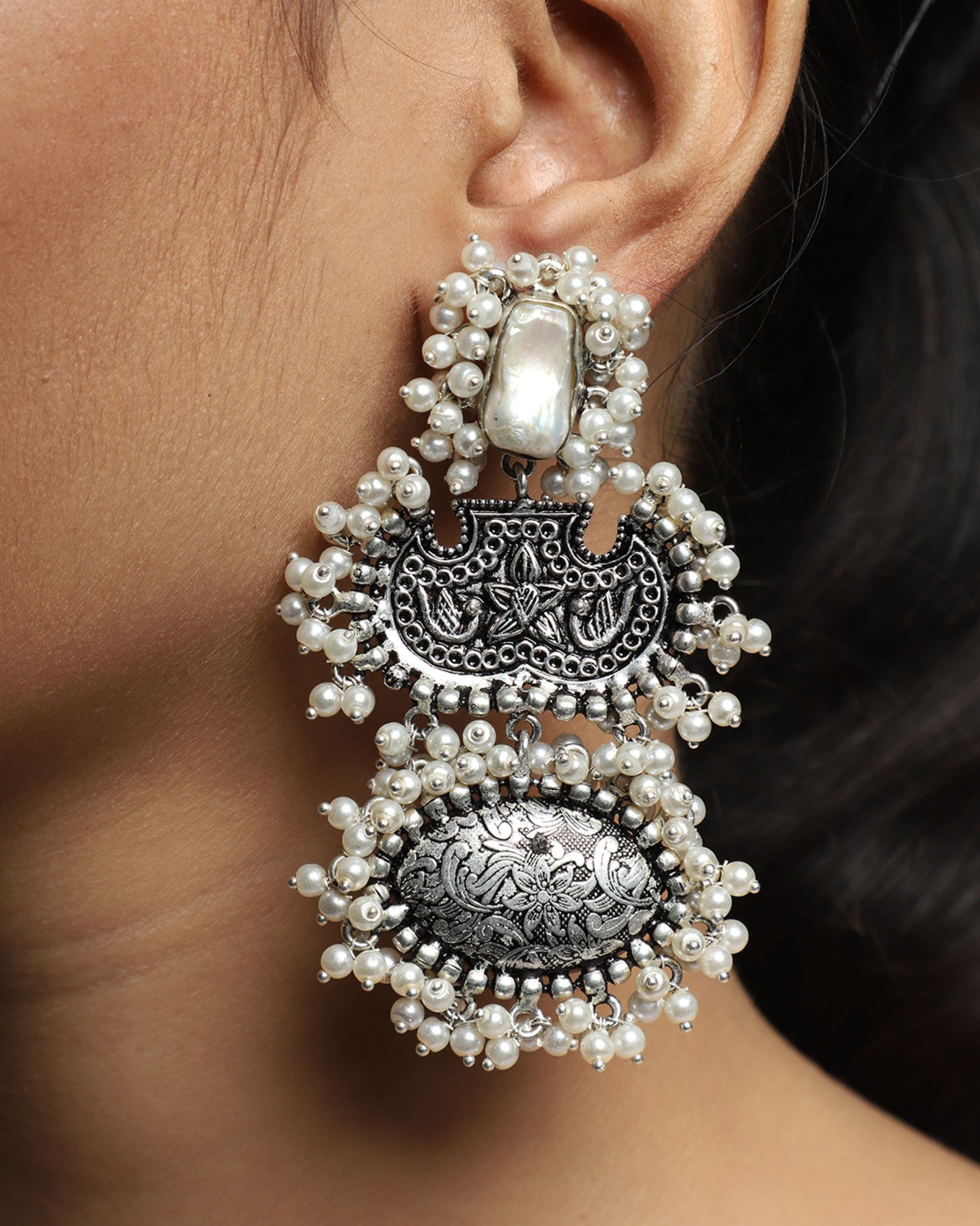 Pearl beaded oval drop earrings by Namasya | The Secret Label