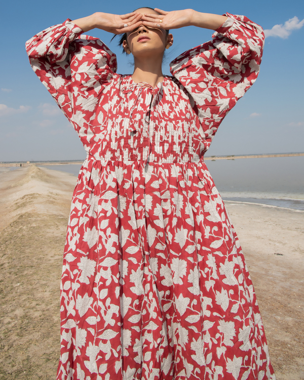 Red lilies gathered dress 1