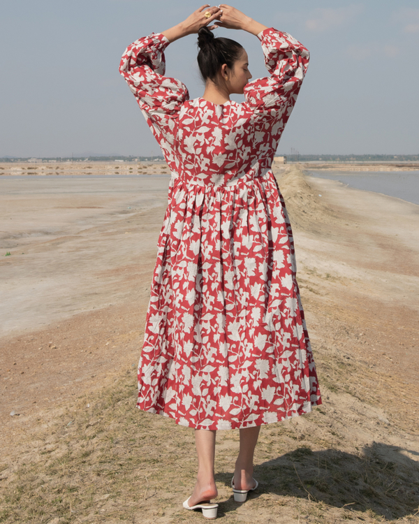 Red lilies gathered dress 2