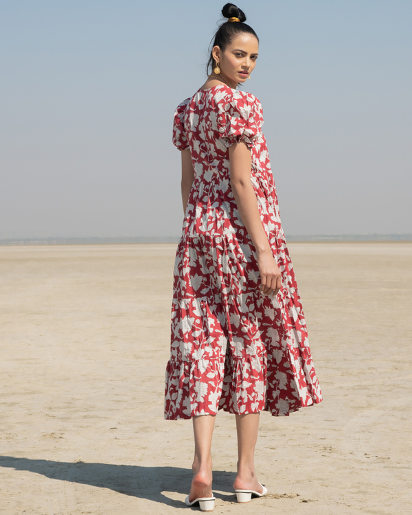 Red lilies tiered wrap dress 1