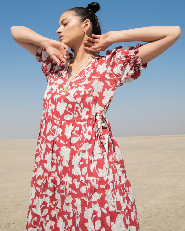 Red lilies tiered wrap dress 2
