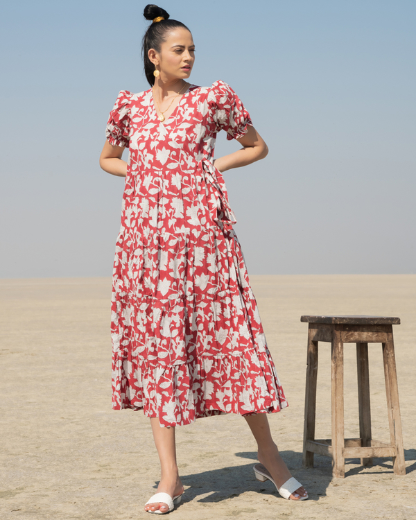 Red lilies tiered wrap dress 3