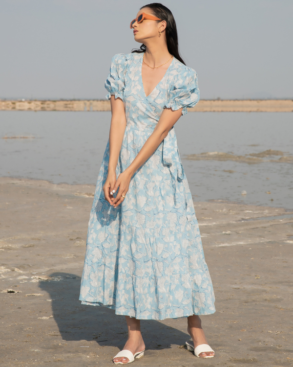 Blue lilies tiered wrap dress 3