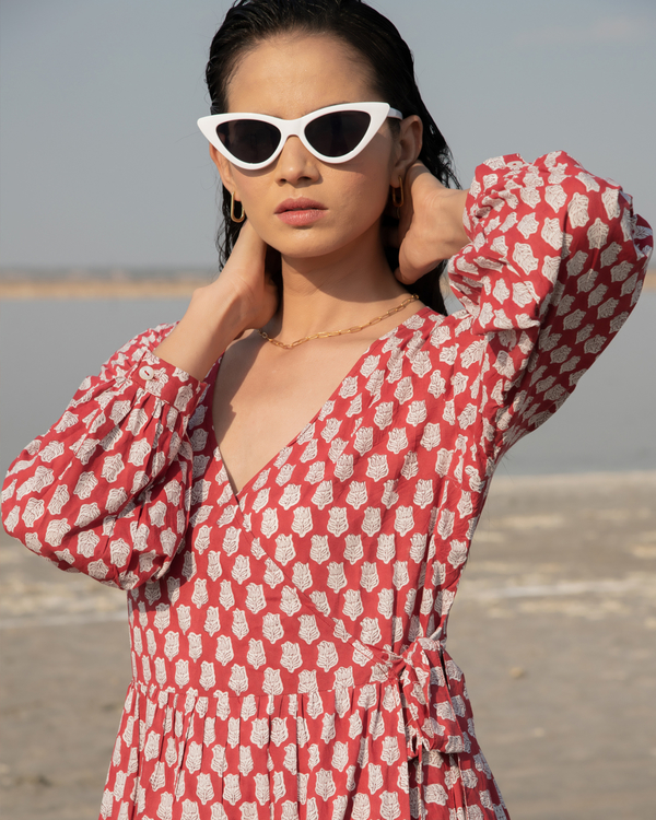 Red lotus tiered wrap dress 2
