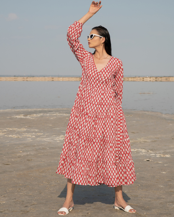 Red lotus tiered wrap dress 3