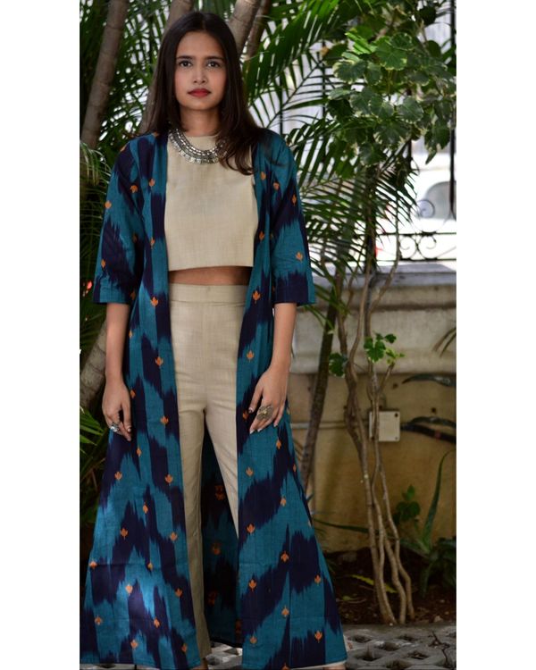 Beige cotton crop top with pant and blue ikat jacket - set of three 1