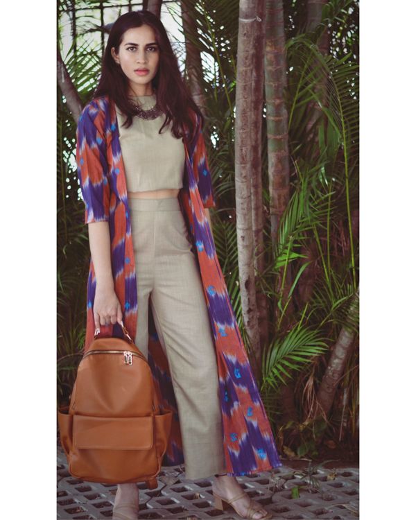 Beige cotton crop top with pant and multicolor ikat jacket - set of three 1