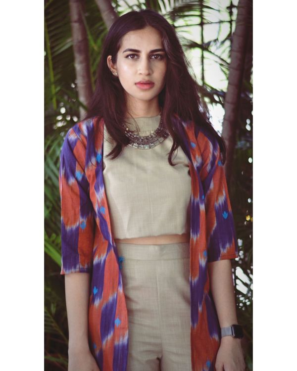 Beige cotton crop top with pant and multicolor ikat jacket - set of three 2