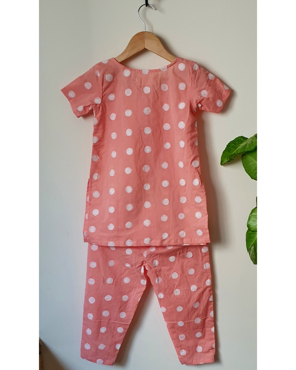 Peach polka dot kurta pyjama set - set of two 1
