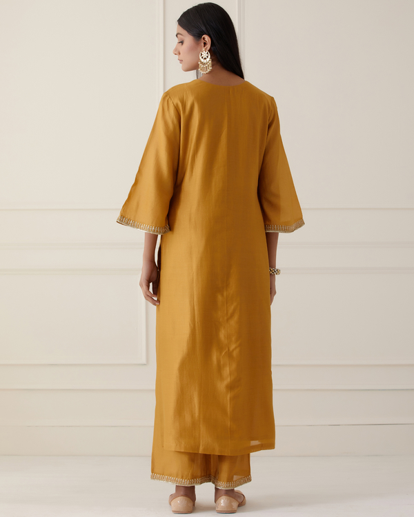 Mustard yellow embroidered kurta with palazzo and dupatta set of