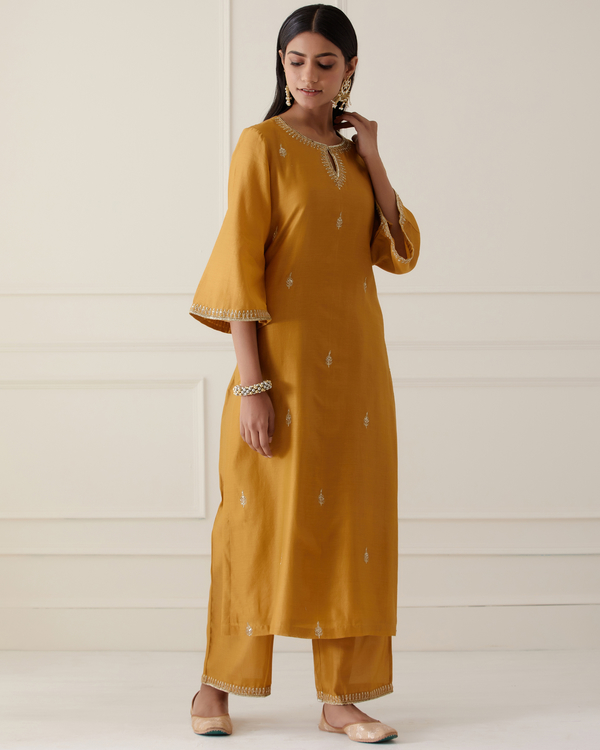 Mustard yellow embroidered kurta with palazzo and dupatta set of