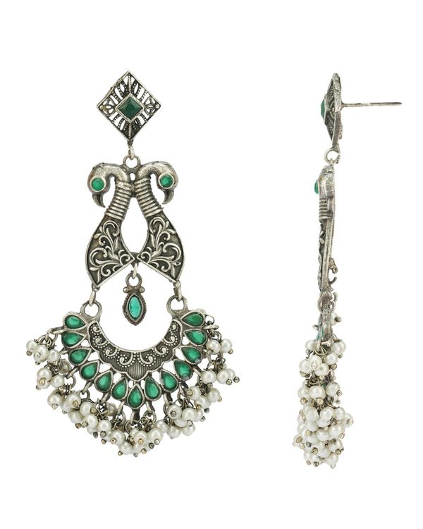 Green peacock designed pearl beaded earrings 1