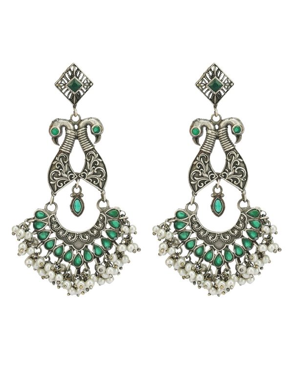 Green peacock designed pearl beaded earrings 2