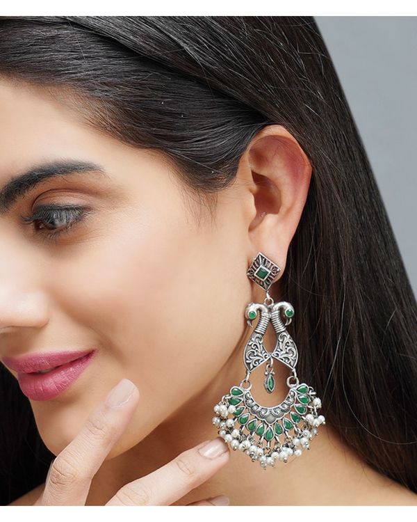 Green peacock designed pearl beaded earrings 3