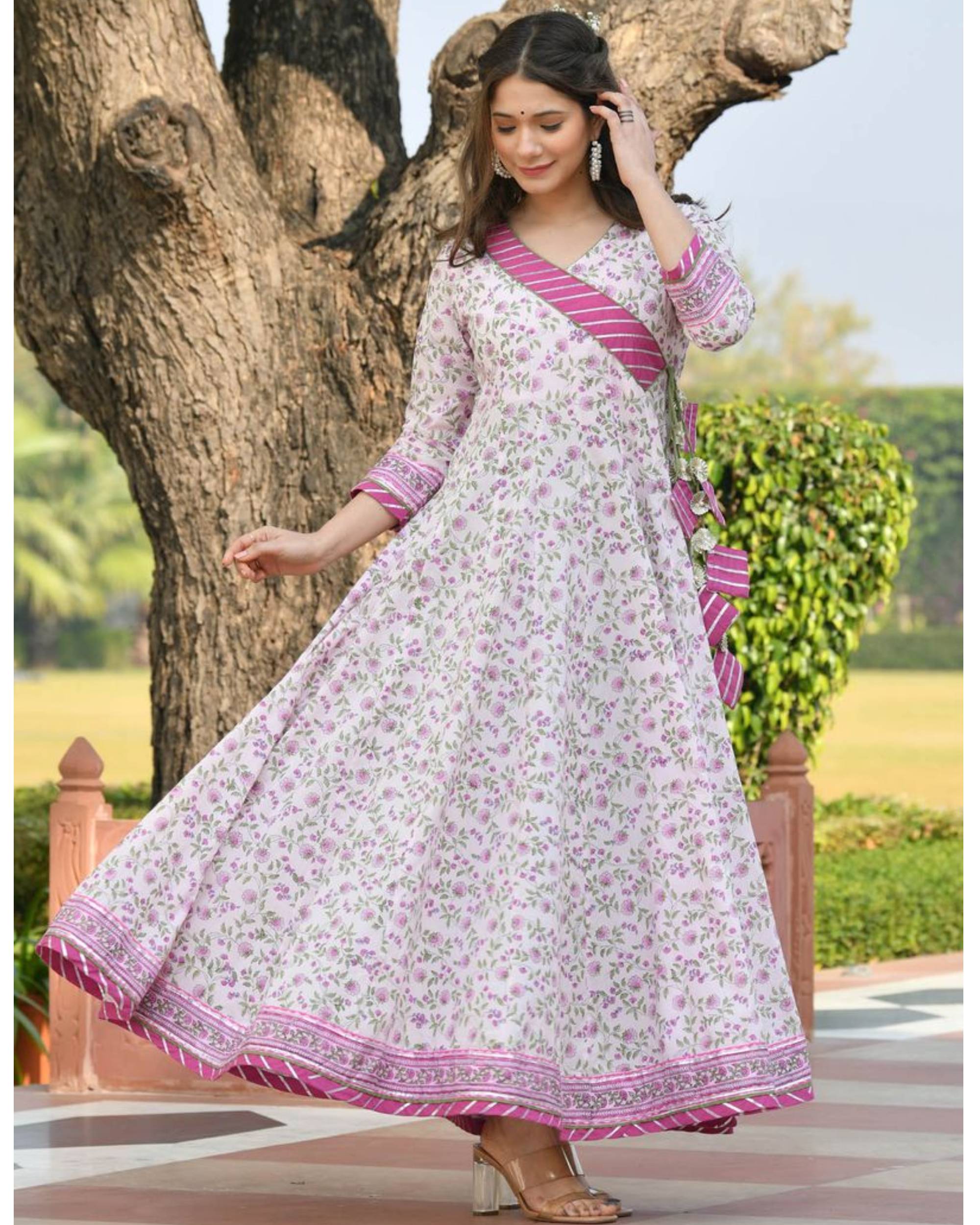 White and pink floral jaal block printed dress with dupatta set