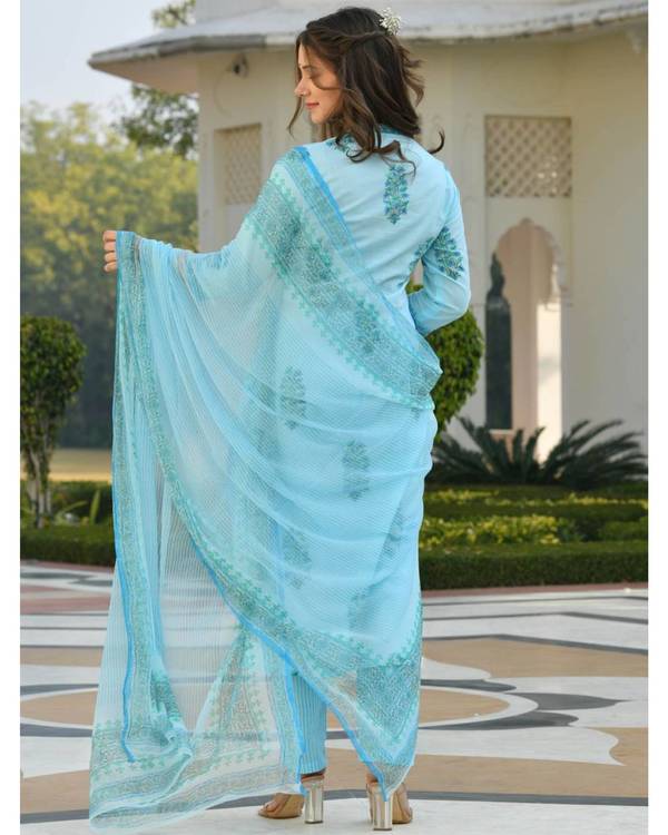 Blue floral boota block printed suit set - set of three 1