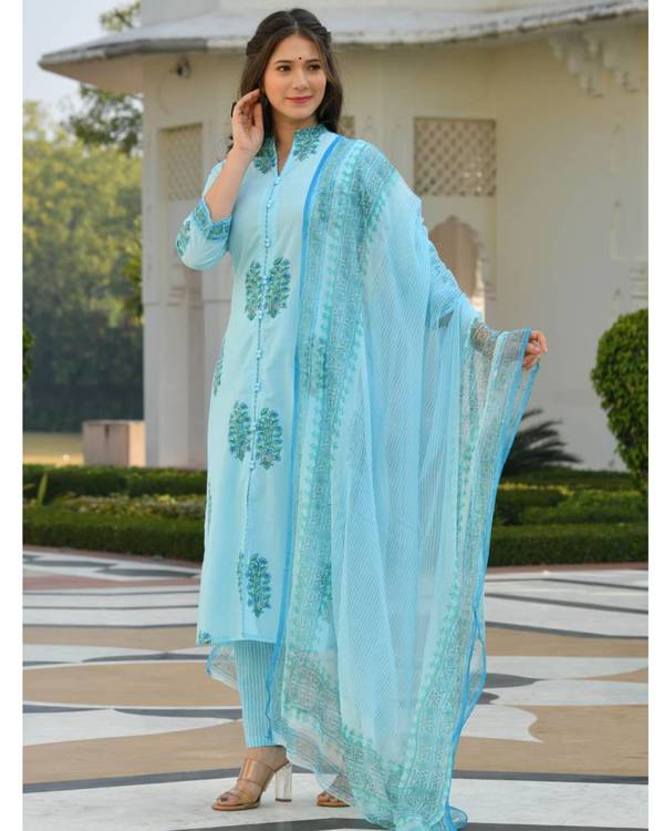 Blue floral boota block printed suit set - set of three 2