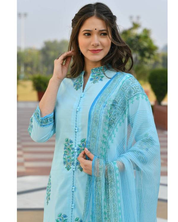 Blue floral boota block printed suit set - set of three 3