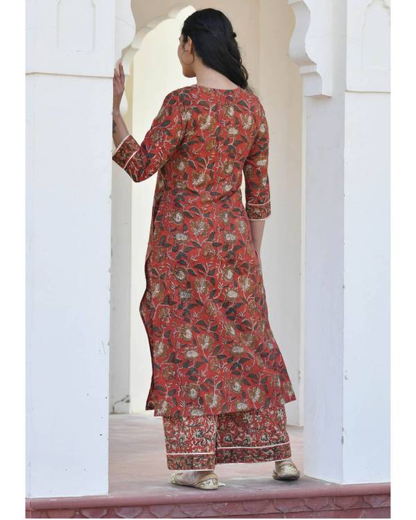 Red ajrakh printed kurta with palazzo - set of two 1