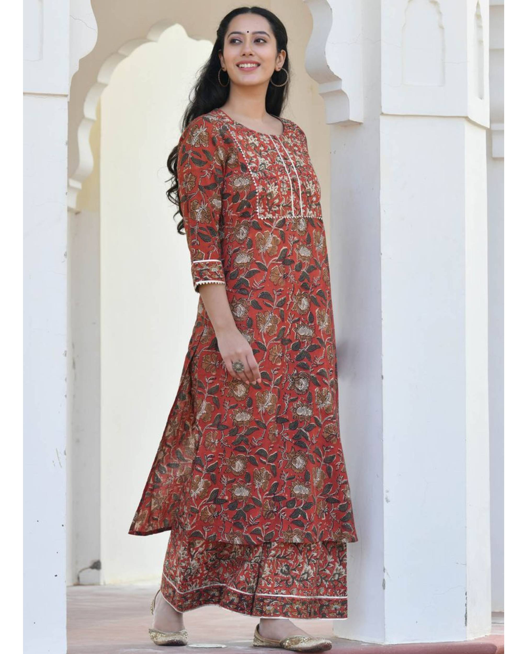 Red ajrakh printed kurta with palazzo - set of two by Mulmul | The ...