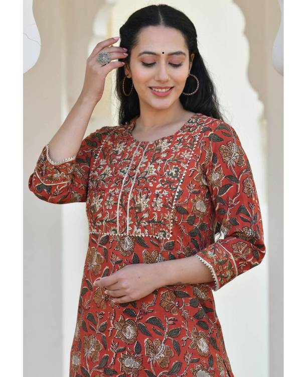 Red ajrakh printed kurta with palazzo - set of two 3