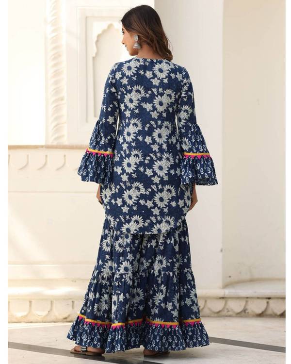Indigo block printed short kurta with sharara - set of two 1