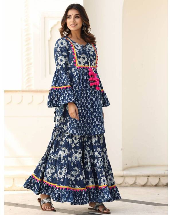 Indigo block printed short kurta with sharara - set of two 2