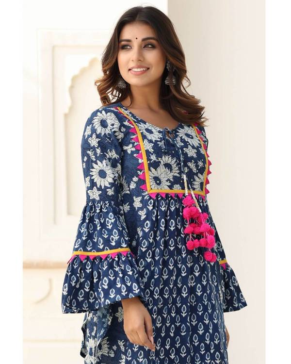 Indigo block printed short kurta with sharara - set of two 3
