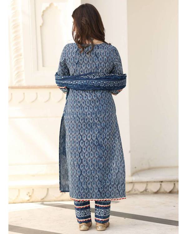 Navy blue block printed suit set - set of three 1