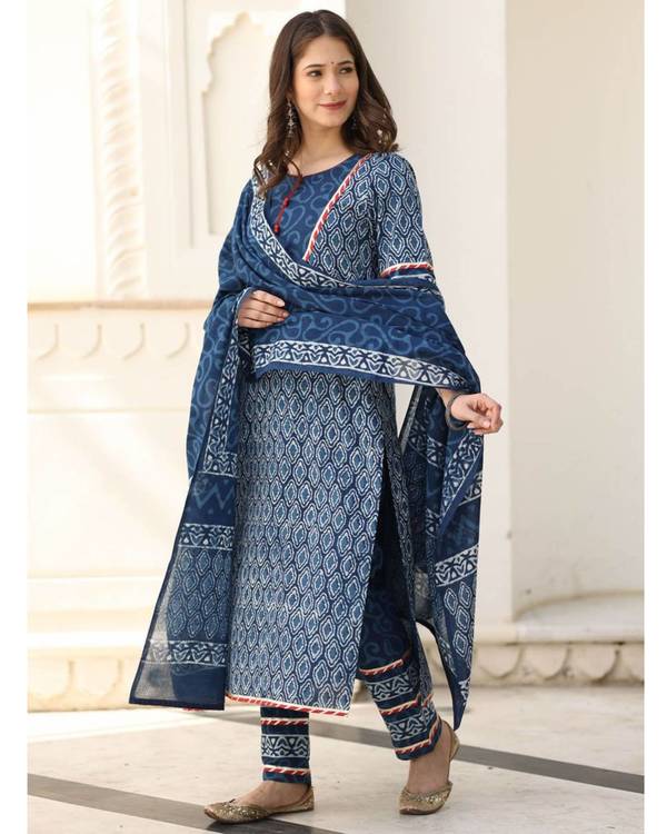 Navy blue block printed suit set - set of three 2