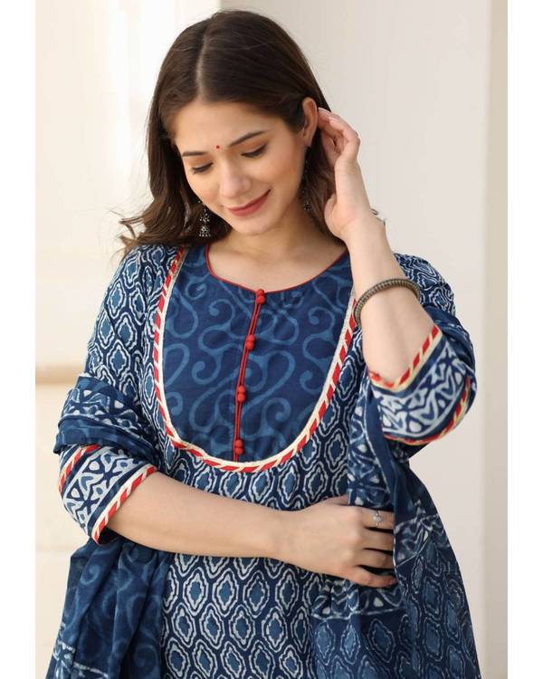 Navy blue block printed suit set - set of three 3
