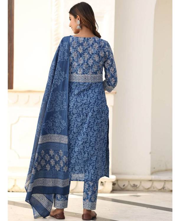 Blue and white block printed suit set - set of three 1