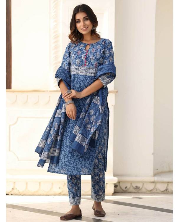 Blue and white block printed suit set - set of three 2