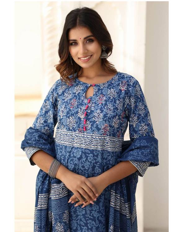 Blue and white block printed suit set - set of three 3