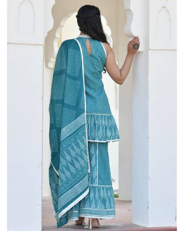 Teal block printed short kurta with sharara and dupatta - set of three 1