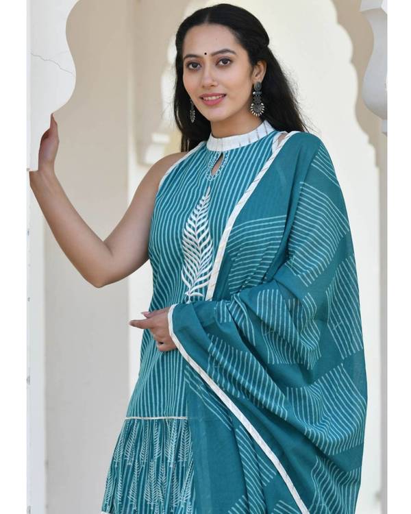 Teal block printed short kurta with sharara and dupatta - set of three 3