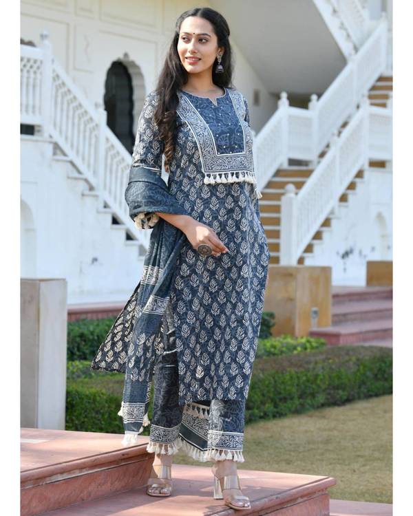 Grey block printed suit set - set of three 2