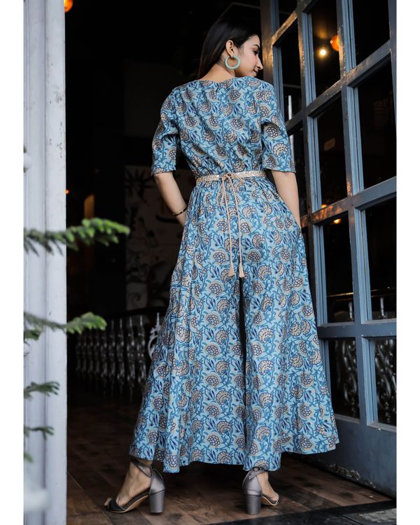 Blue marigold printed jumpsuit with embellished belt - set of two 1