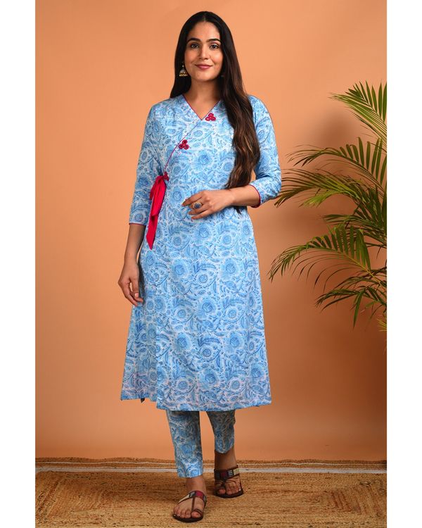 White and blue floral printed angrakha suit set - set of three 3