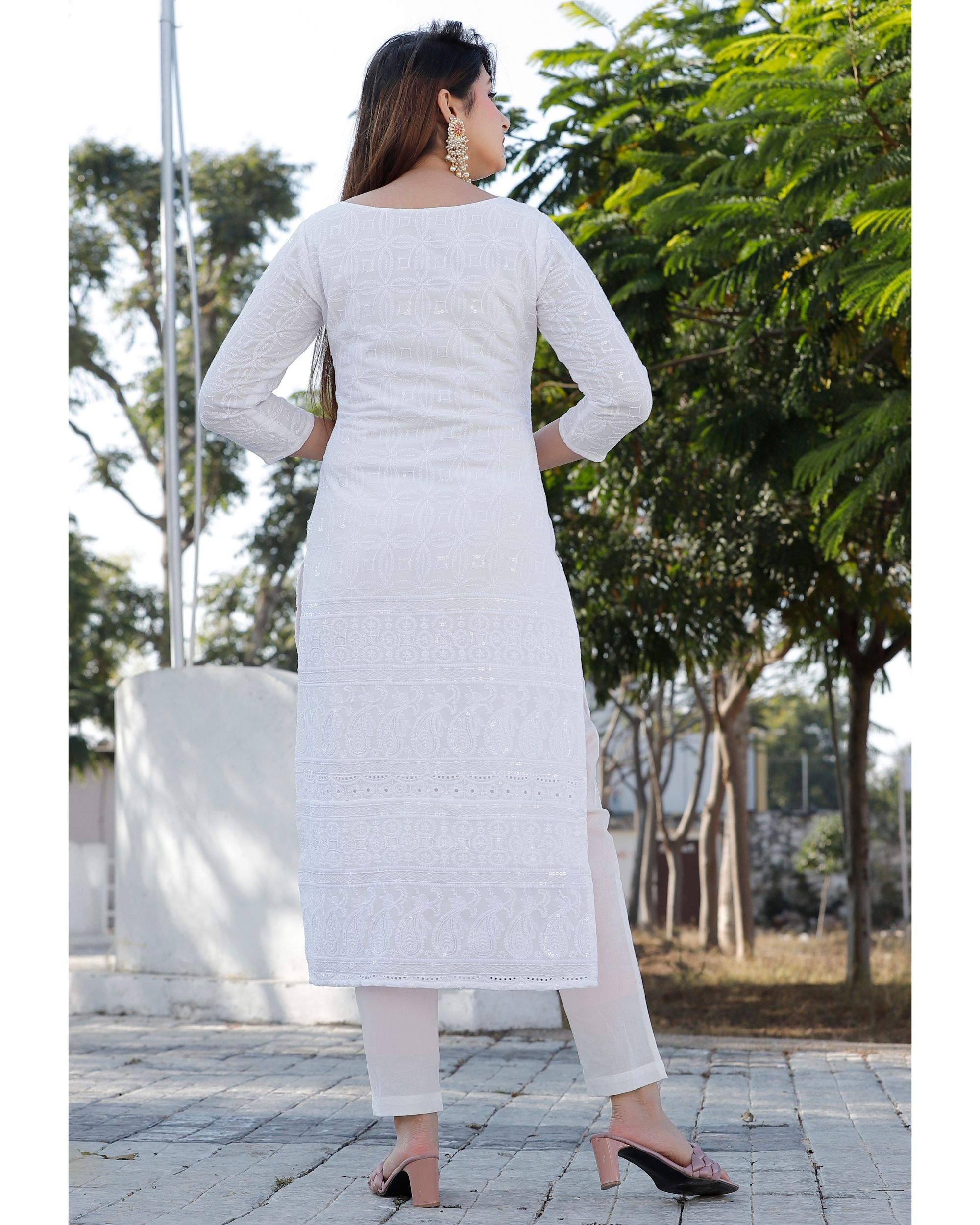 White chikankari suit set - set of three by Geeta Fashion