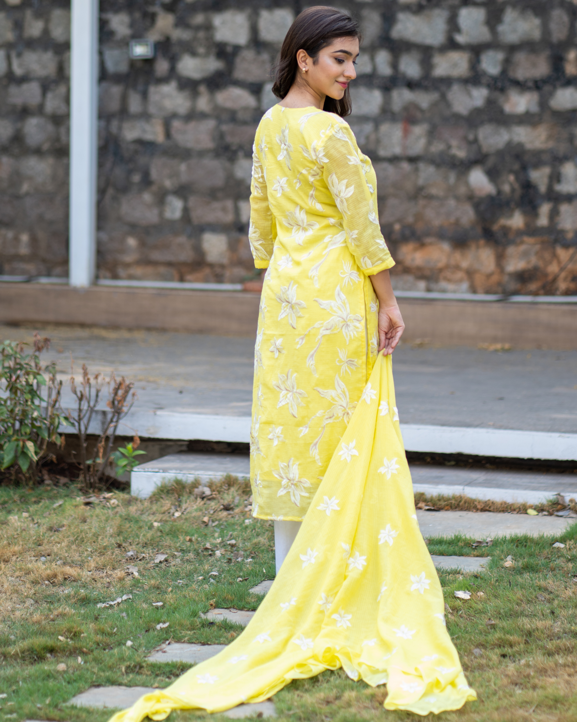 Lemon yellow kota embroidered suit set - set of three by The Weave Story