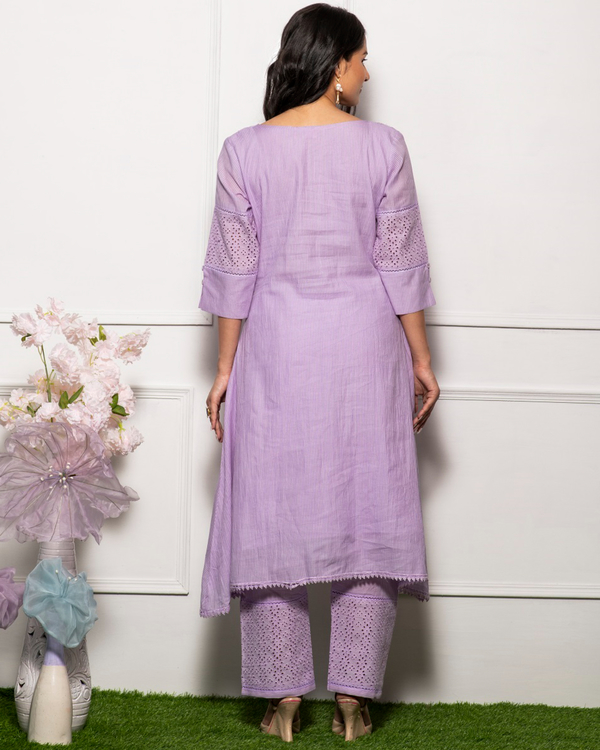 Lilac schiffli kurta with pants - set of two 2