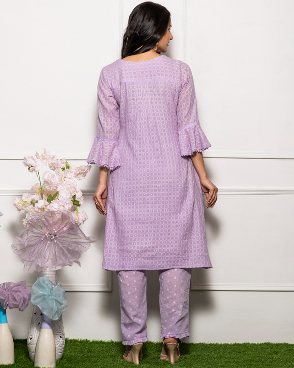 Lilac cotton checks kurta with ruffle sleeves 1