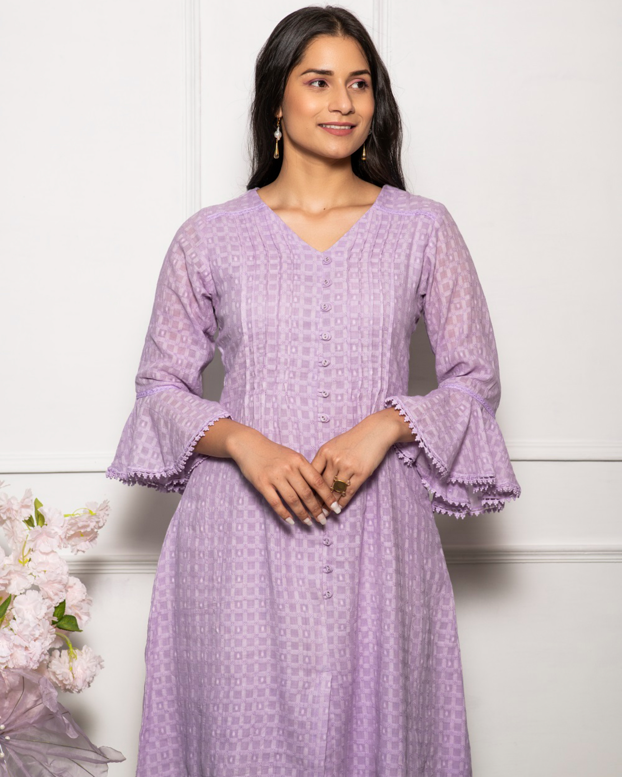 Buy Pink Round Neck Ruffle Sleeves Kurta. Online - W for Woman