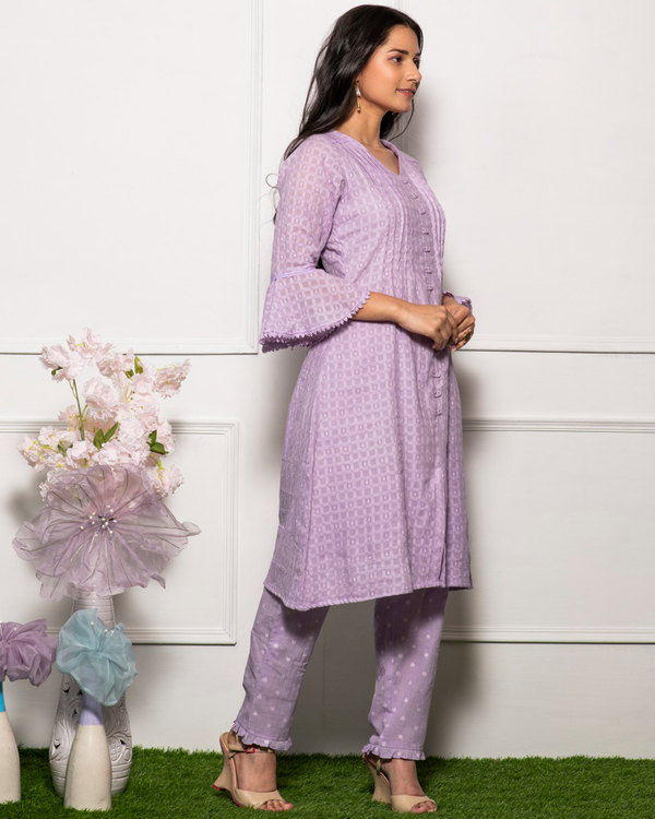 Lilac cotton checks kurta with ruffle sleeves 3