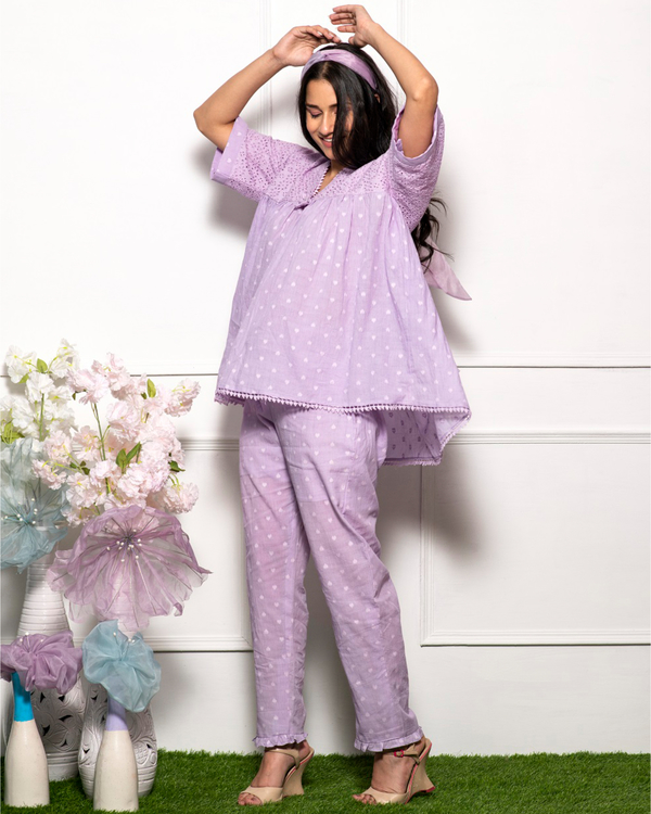 Lilac cotton schiffli gathered top 1