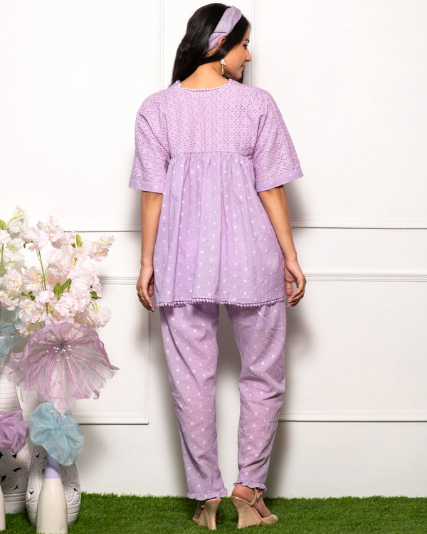 Lilac cotton schiffli gathered top 3